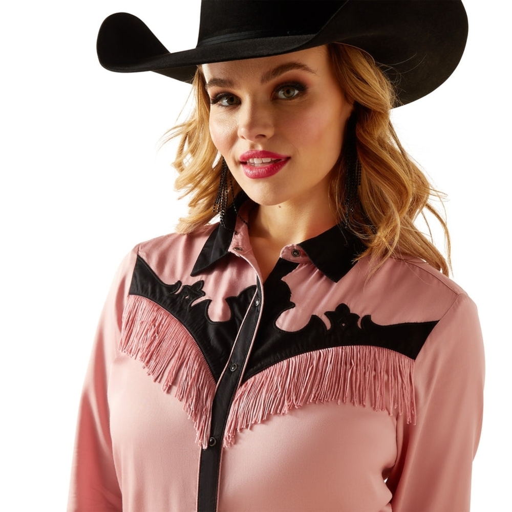 Relist Soon ARIAT Pink and Black Western Fringe Shirt Size XXL Snap Western Yoke - Picture 6 of 7
